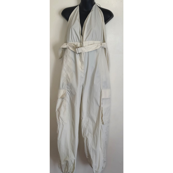 Zara Parachute Jumpsuit XL Halter Cargo Gorp Plunge ECRU Cream NWT Limited Belt - Picture 13 of 16